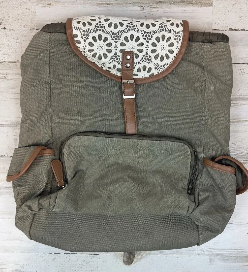 Olive Green Canvas Backpack Rucksack Floral Lace Flap Faux Leather School Travel